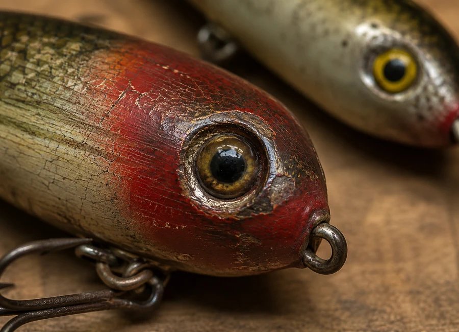 Close view of an inset glass eye on a vintage wooden fishing lure