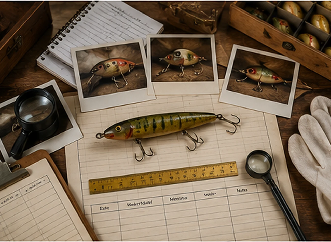 Vintage lure documented with ruler, photographs, loupe, notes, and inspection gloves