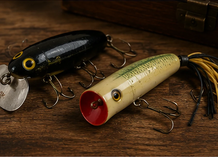 Vintage Jitterbug-style and Hula Popper-style topwater lures