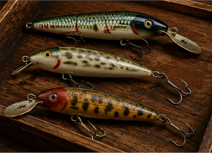 Three Creek Chub-style vintage lures with painted scales and metal lips