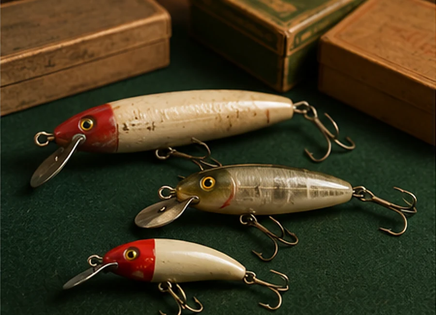 Three early American Heddon-style vintage fishing lures